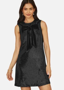 Yumi Black Sequin Bow Tunic Shift Dress