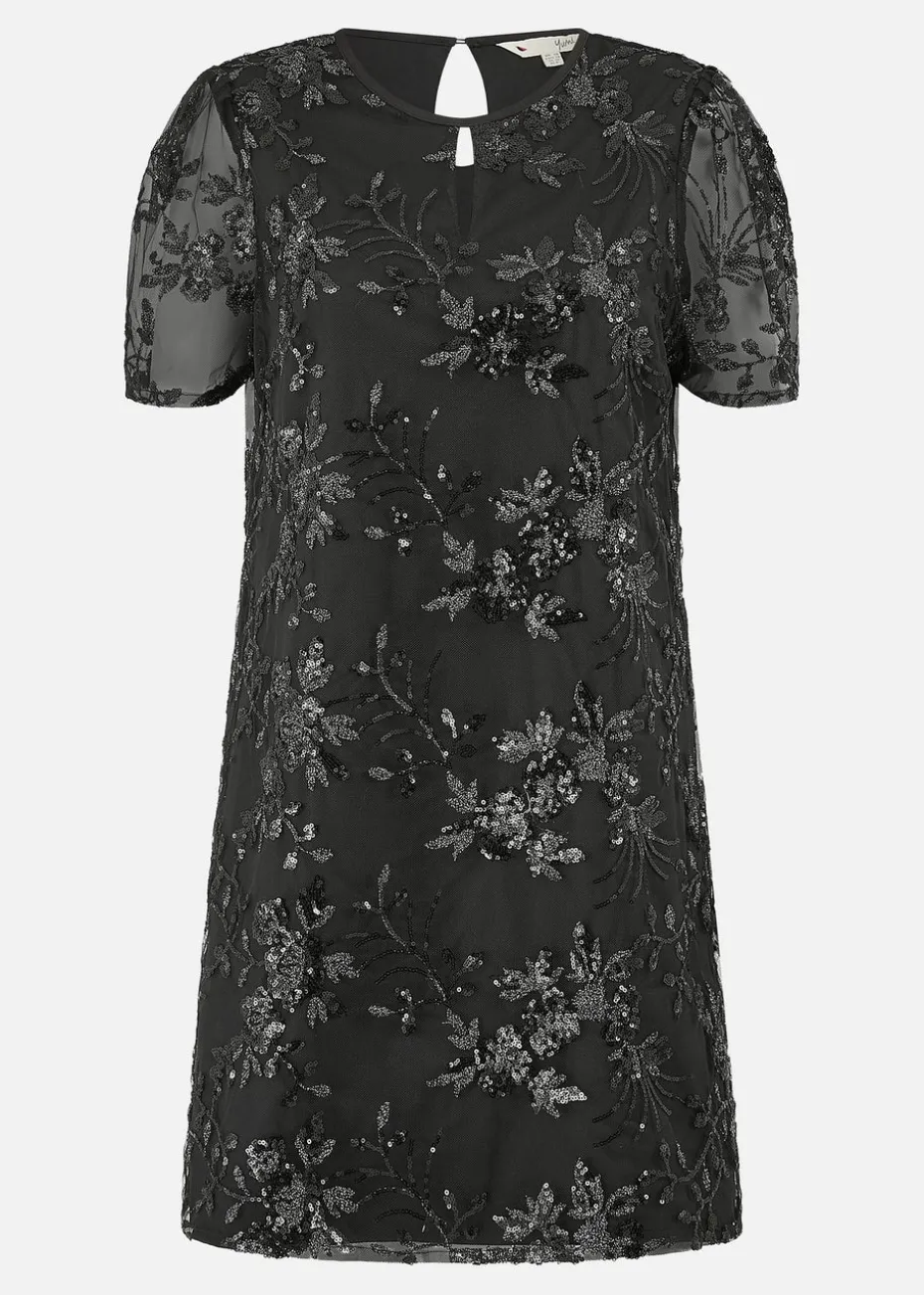 Yumi Black Sequin Embroidered Tunic Dress