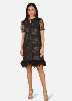 Yumi Black Sequin Embroidered Tunic Dress With Feather Trim Hemline