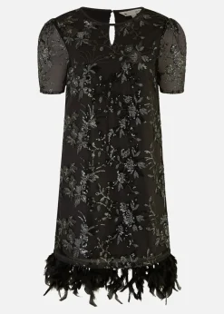 Yumi Black Sequin Embroidered Tunic Dress With Feather Trim Hemline