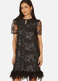 Yumi Black Sequin Embroidered Tunic Dress With Feather Trim Hemline