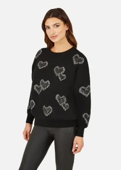 Yumi Black Sequin Heart Relaxed Jumper