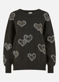 Yumi Black Sequin Heart Relaxed Jumper