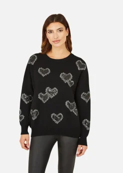 Yumi Black Sequin Heart Relaxed Jumper