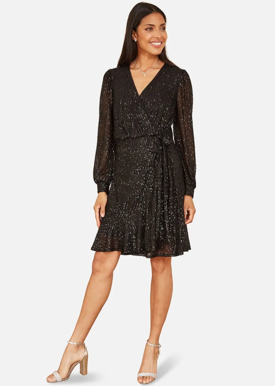 Yumi Black Sequin Long Sleeve Frill Wrap Dress