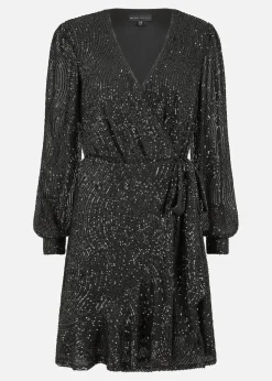Yumi Black Sequin Long Sleeve Frill Wrap Dress