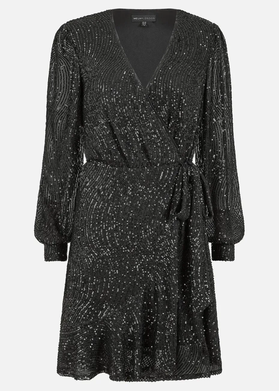 Yumi Black Sequin Long Sleeve Frill Wrap Dress