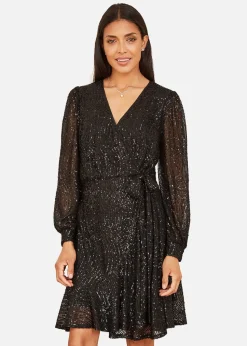 Yumi Black Sequin Long Sleeve Frill Wrap Dress