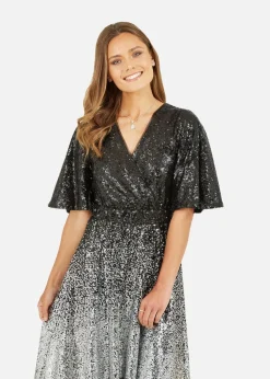 Yumi Black Sequin Ombre Midi Wrap Dress