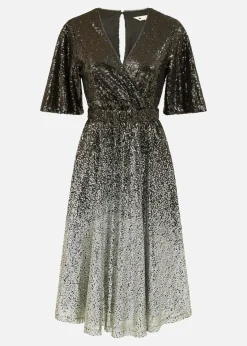 Yumi Black Sequin Ombre Midi Wrap Dress