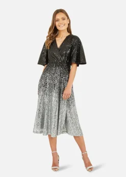 Yumi Black Sequin Ombre Midi Wrap Dress