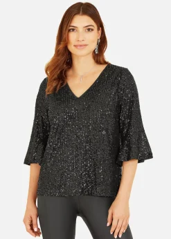 Yumi Black Sequin Top With Fluted Sleeve