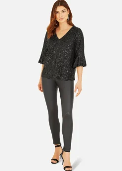 Yumi Black Sequin Top With Fluted Sleeve