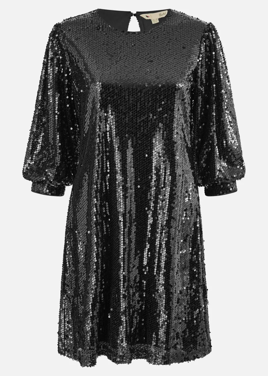 Yumi Black Sequin Tunic Dress With Balloon Sleeves