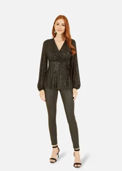Yumi Black Sequin Wrap Top With Velvet Tie