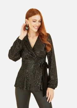 Yumi Black Sequin Wrap Top With Velvet Tie