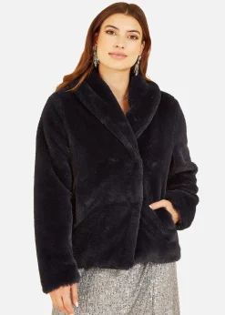 Yumi Black Short Wrap Faux Fur Coat