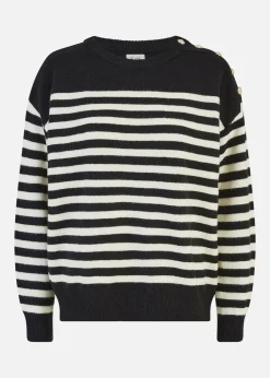 Yumi Black Stripe Knitted Relaxed Jumper With Button Details
