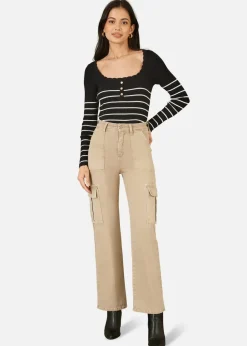 Yumi Black Stripe Rib Knitted Long Sleeve Top With Button Details