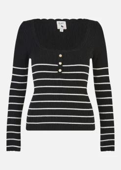 Yumi Black Stripe Rib Knitted Long Sleeve Top With Button Details