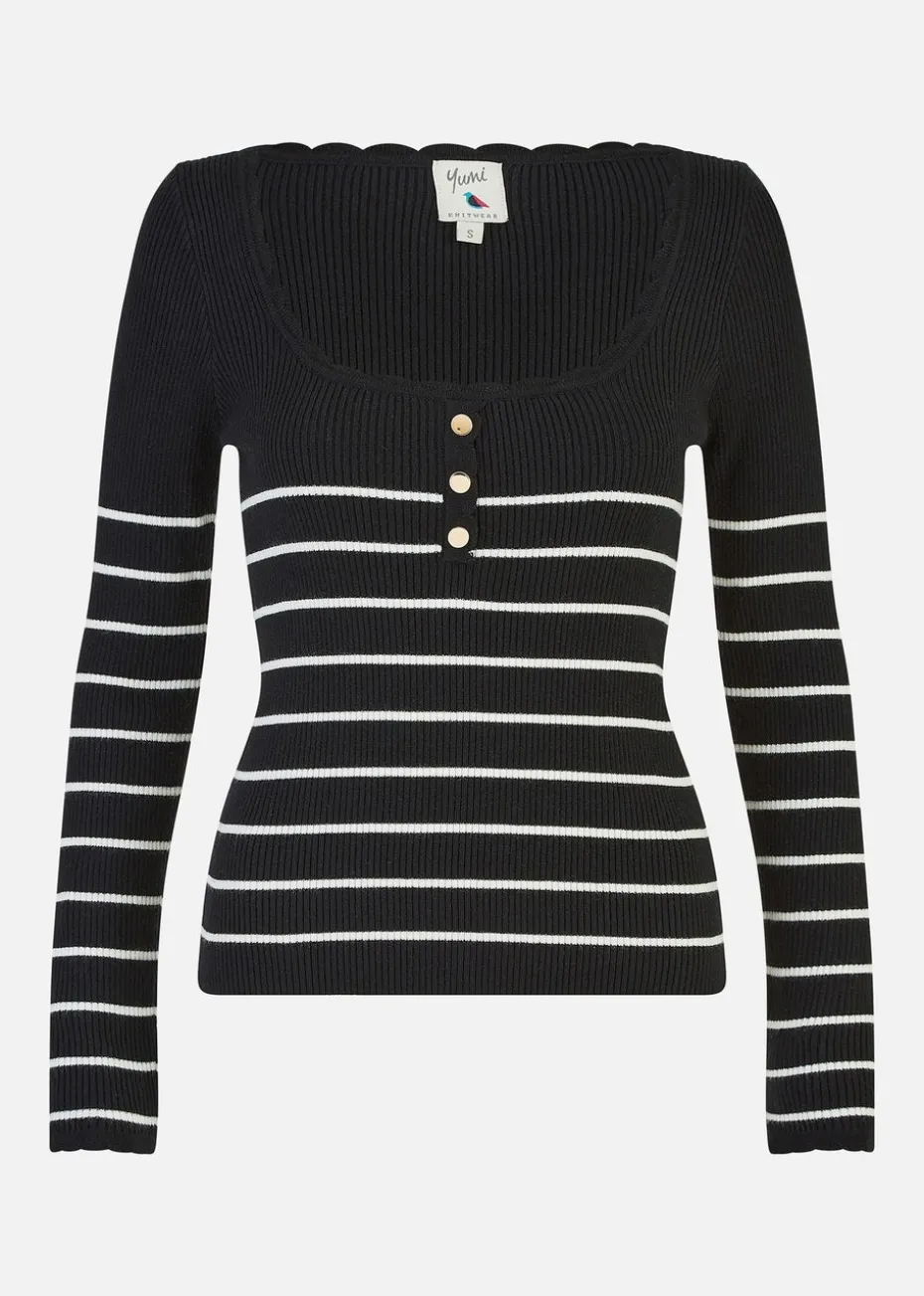 Yumi Black Stripe Rib Knitted Long Sleeve Top With Button Details