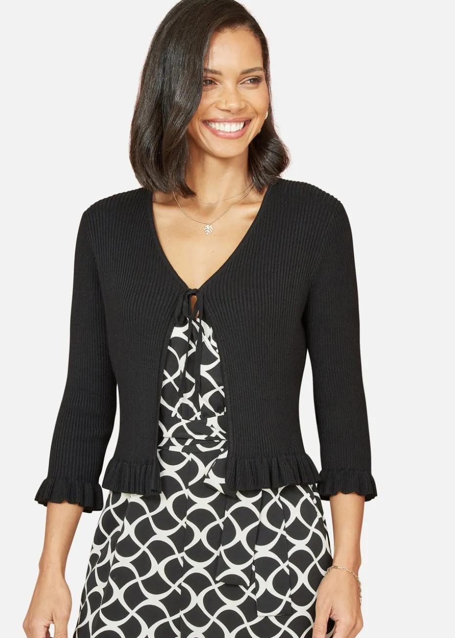 Yumi Black Tie Up Ribbed Cardigan With Frill Hem