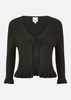 Yumi Black Tie Up Ribbed Cardigan With Frill Hem