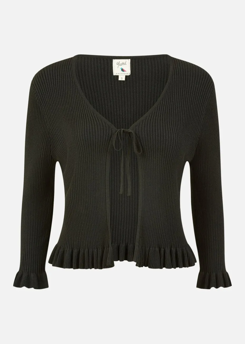 Yumi Black Tie Up Ribbed Cardigan With Frill Hem