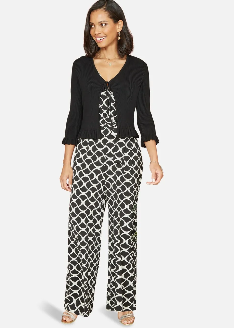 Yumi Black Tie Up Ribbed Cardigan With Frill Hem