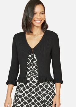 Yumi Black Tie Up Ribbed Cardigan With Frill Hem
