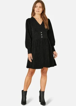 Yumi Black V Neck Empire Line Knitted Skater Dress