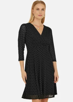 Yumi Black Velour Spot Wrap Skater Dress