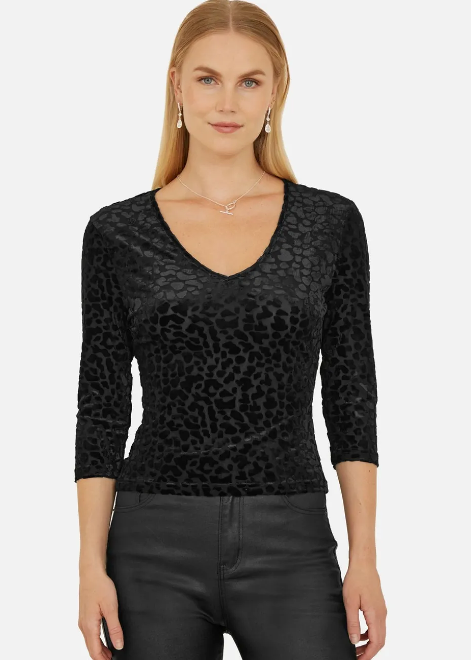 Yumi Black Velvet Leopard V Neck Top