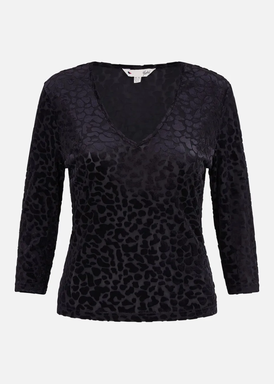 Yumi Black Velvet Leopard V Neck Top