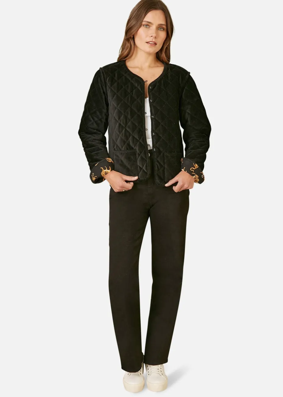 Yumi Black Velvet Quilted Jacket With Reversible Leopard Lining