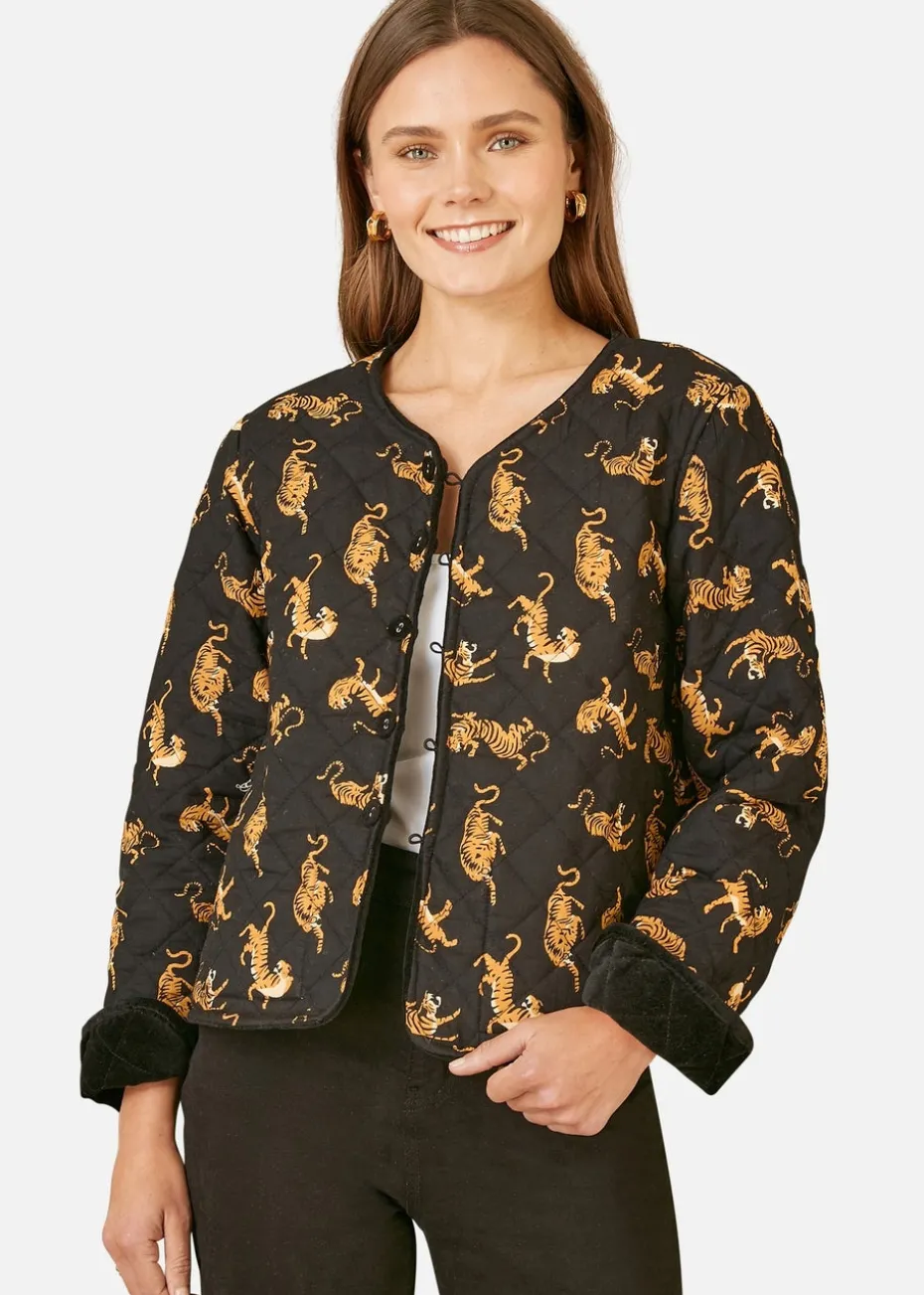 Yumi Black Velvet Quilted Jacket With Reversible Leopard Lining