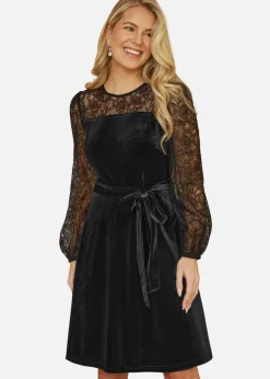 Yumi Black Velvet Skater Dress With Lace Sleeves