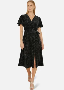 Yumi Black Velvet Sparkle Wrap Midi Dress