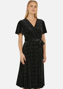 Yumi Black Velvet Sparkle Wrap Midi Dress