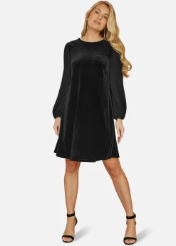 Yumi Black Velvet Tunic Dress with Pleated Balloon Sleeves And Tie Back