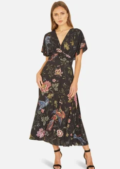 Yumi Black Viscose Bird and Floral Print Kimono Midi Dress