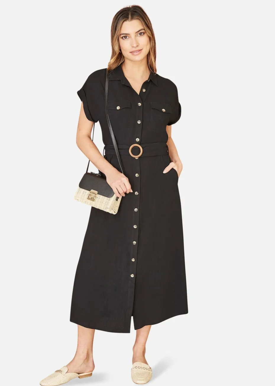 Yumi Black Viscose Linen Look Midi Shirt Dress With Wooden Belt