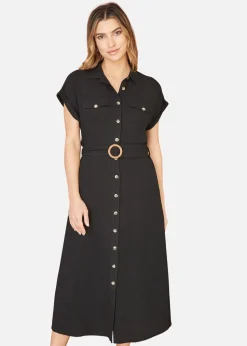 Yumi Black Viscose Linen Look Midi Shirt Dress With Wooden Belt