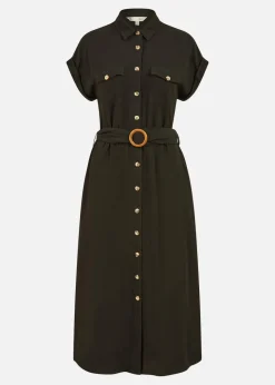 Yumi Black Viscose Linen Look Midi Shirt Dress With Wooden Belt
