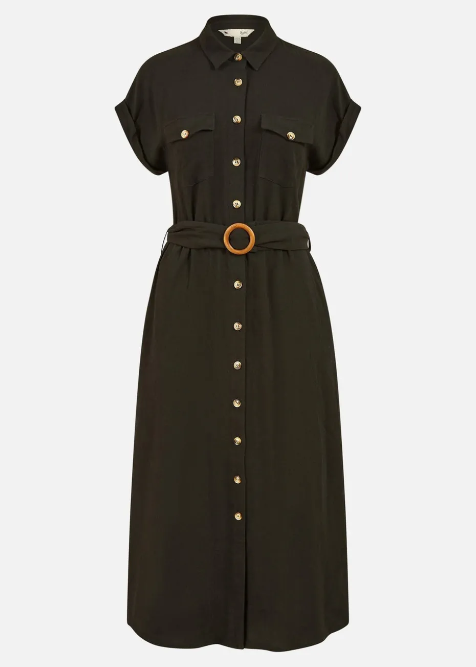 Yumi Black Viscose Linen Look Midi Shirt Dress With Wooden Belt