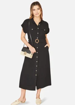 Yumi Black Viscose Linen Look Midi Shirt Dress With Wooden Belt