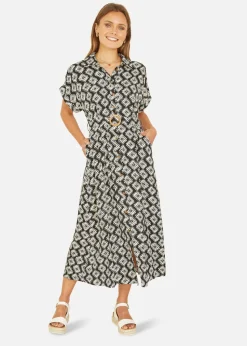 Yumi Black Viscose Midi Shirt Dress With Matching Belt
