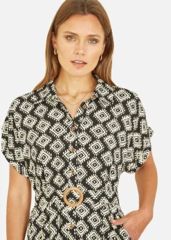 Yumi Black Viscose Midi Shirt Dress With Matching Belt