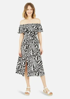 Yumi Black Zebra Print Bardot Dress