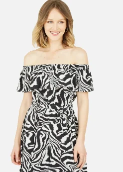 Yumi Black Zebra Print Bardot Dress